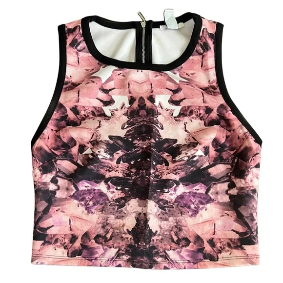Bar III Shirt Tribal Pink Black White Crystals Midriff Cropped Top Club M Zip Up - Picture 2 of 8